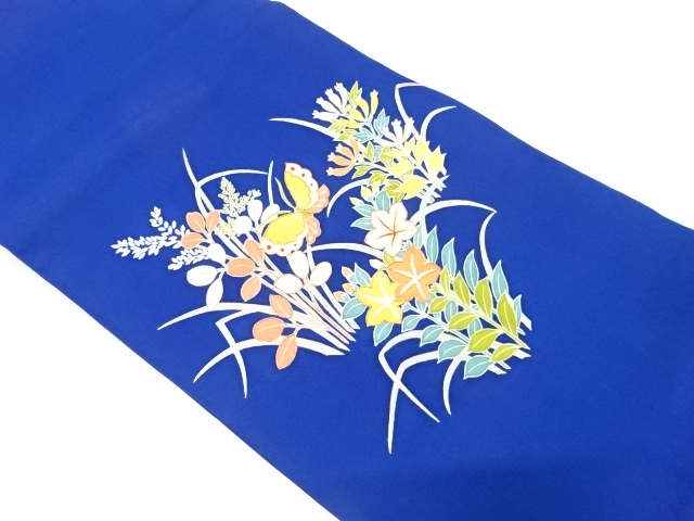 塩瀬　手描き　蝶に草花模様　刺繍　名古屋帯